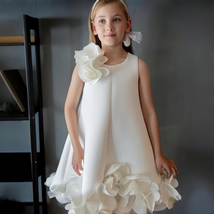 TinyTulle Elegant Ivory Satin Sleeveless Flower Girl Dress with Floral Details