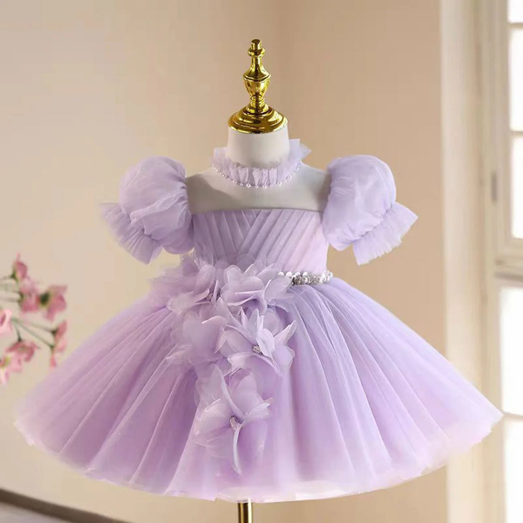 TinyTulle Lilac Floral Appliqué Tulle Flower Girl Dress with Romantic Puff Sleeves