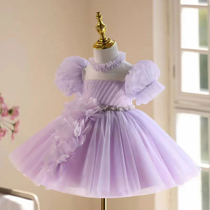TinyTulle Lilac Floral Appliqué Tulle Flower Girl Dress with Romantic Puff Sleeves