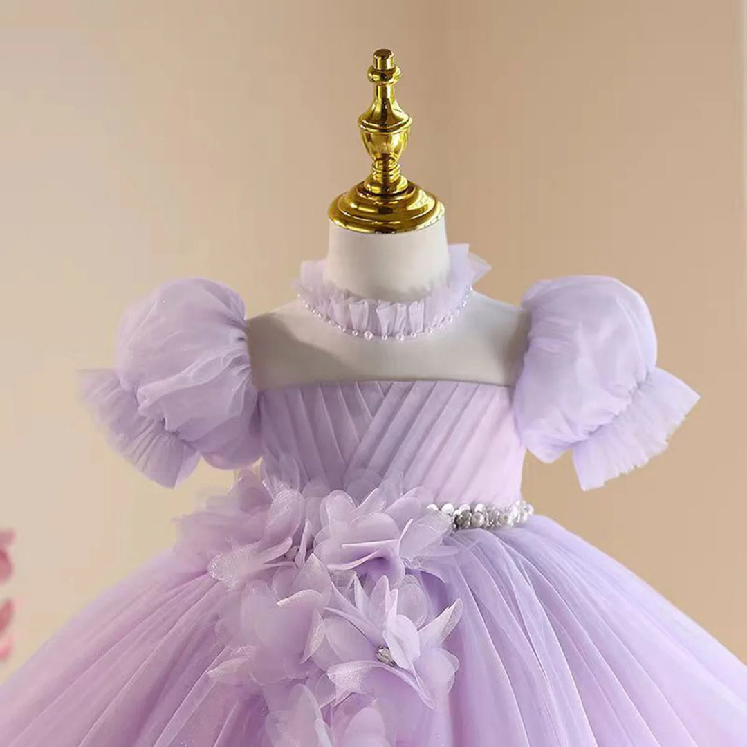 TinyTulle Lilac Floral Appliqué Tulle Flower Girl Dress with Romantic Puff Sleeves