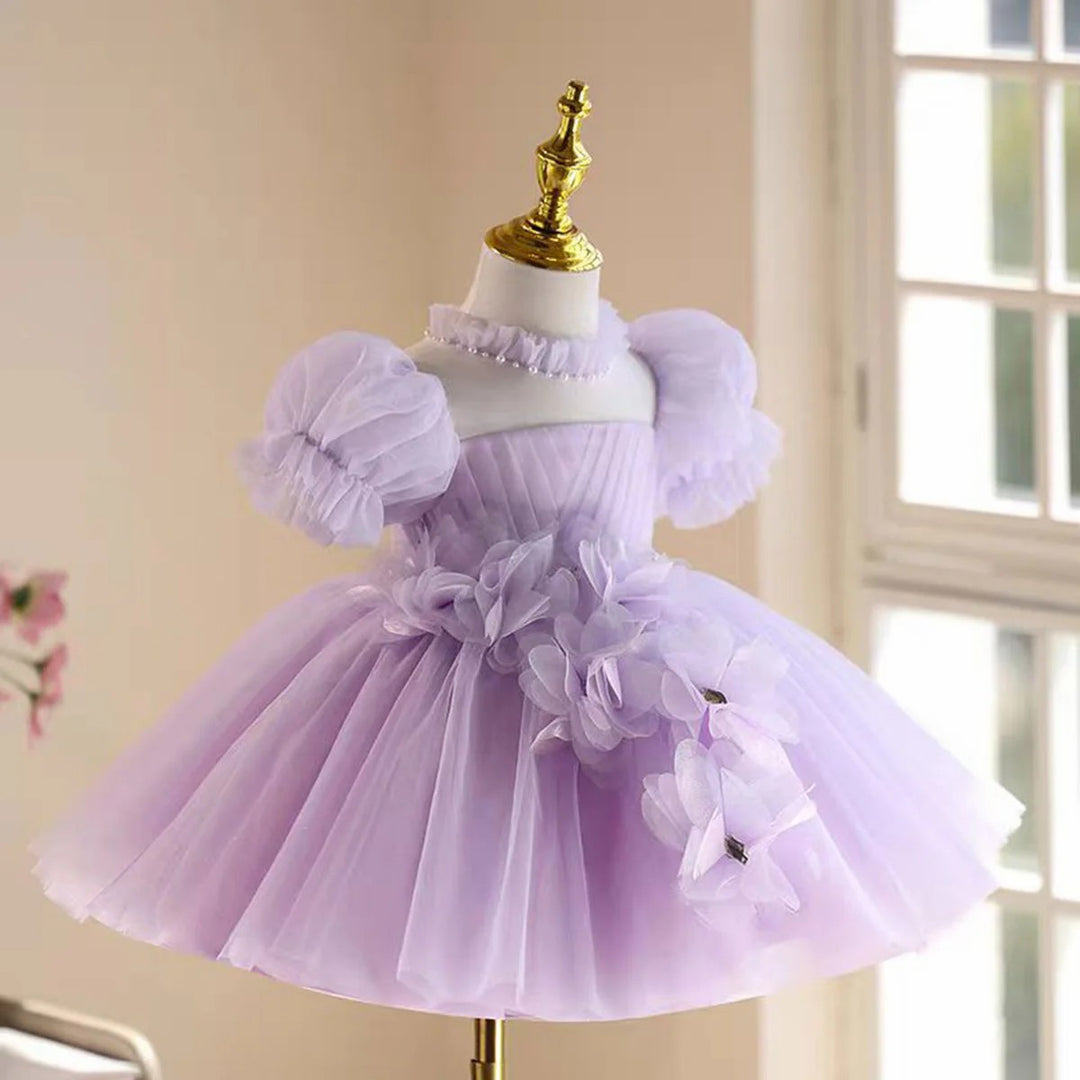 TinyTulle Lilac Floral Appliqué Tulle Flower Girl Dress with Romantic Puff Sleeves
