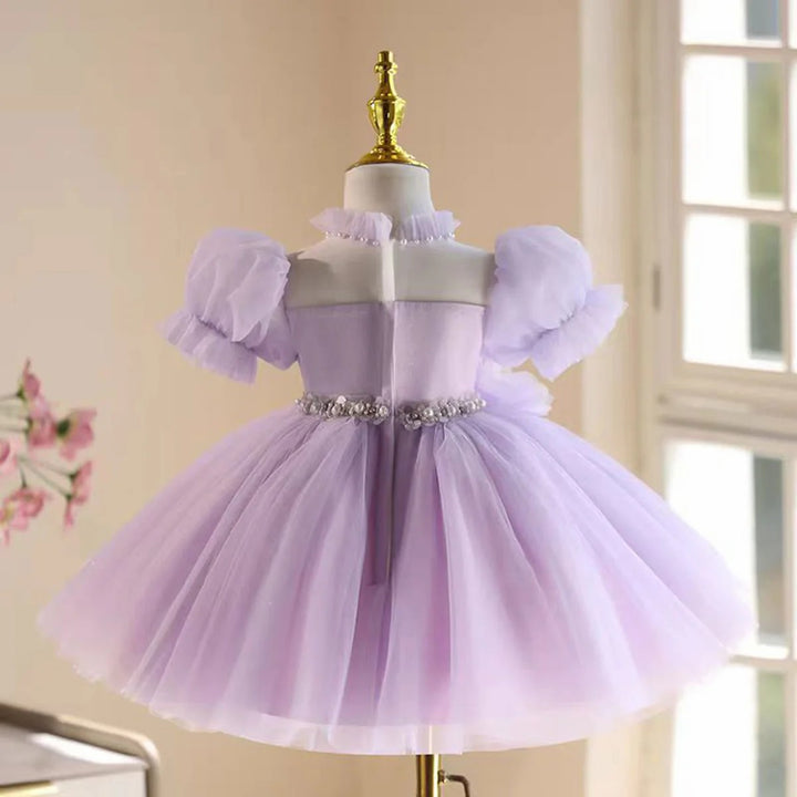 TinyTulle Lilac Floral Appliqué Tulle Flower Girl Dress with Romantic Puff Sleeves