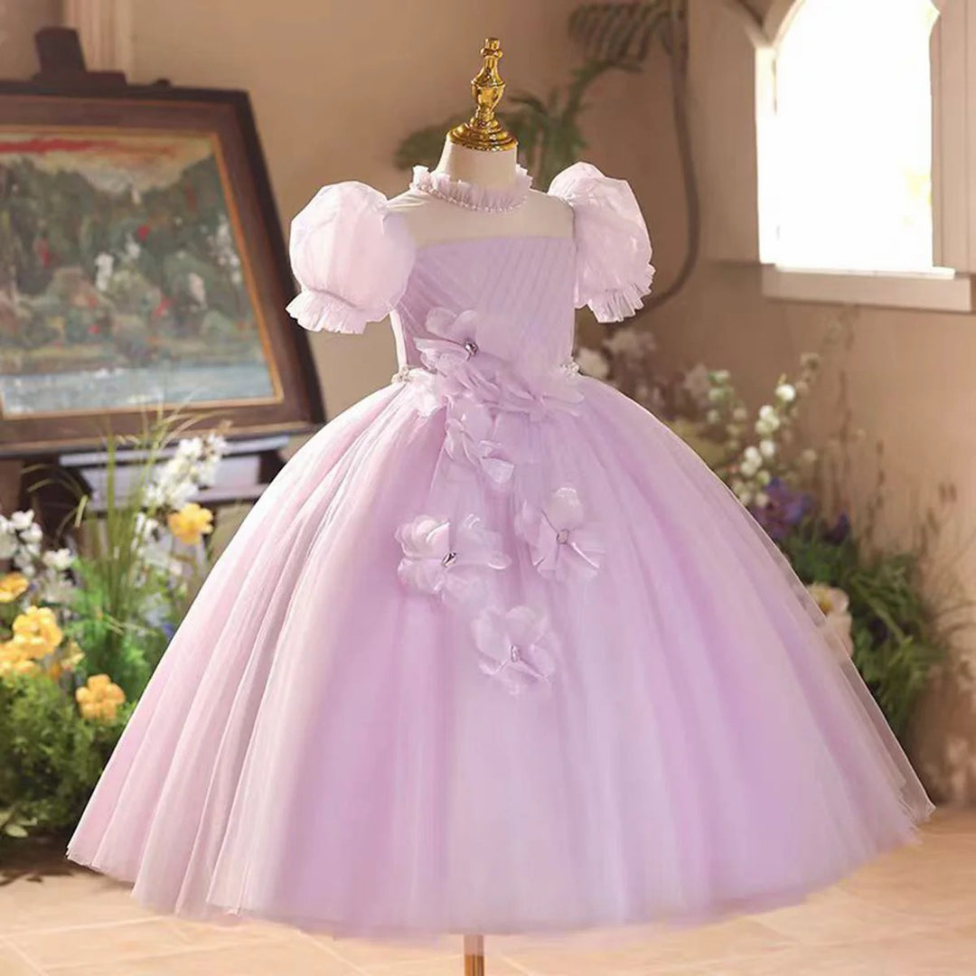 TinyTulle Lilac Floral Appliqué Flower Girl Dress with Puff Sleeves