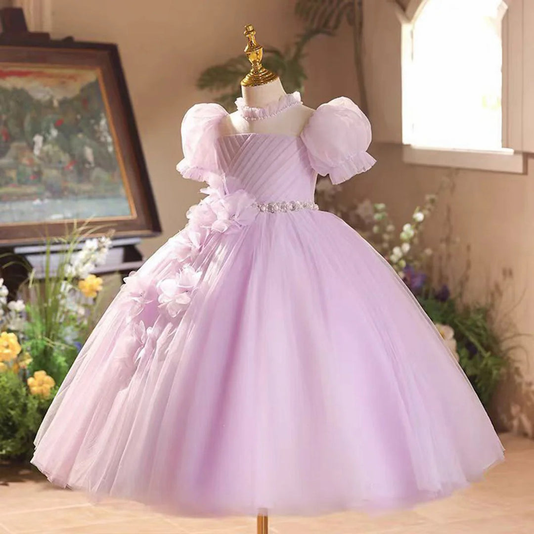 TinyTulle Lilac Floral Appliqué Flower Girl Dress with Puff Sleeves