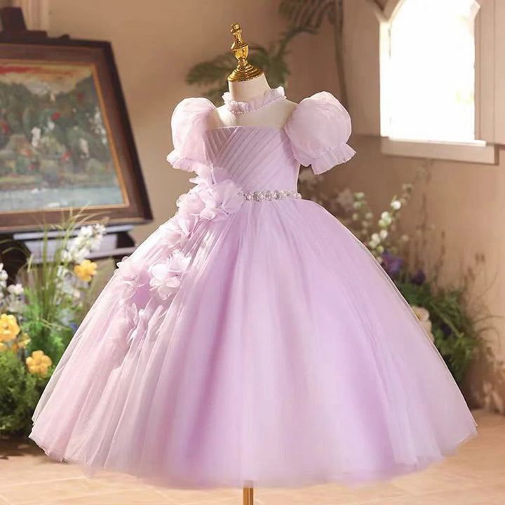 TinyTulle Lilac Floral Appliqué Flower Girl Dress with Puff Sleeves