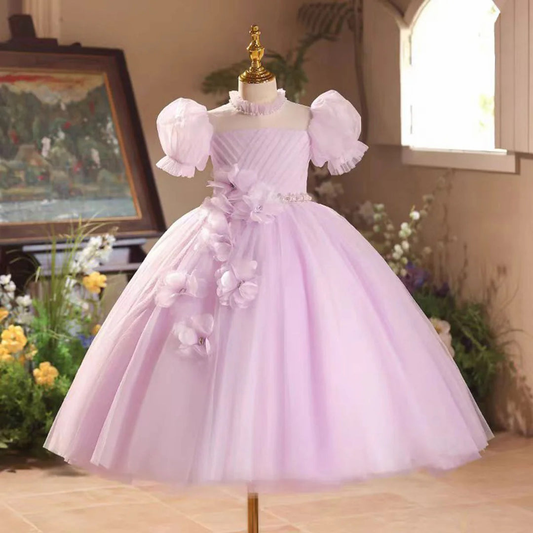 TinyTulle Lilac Floral Appliqué Flower Girl Dress with Puff Sleeves