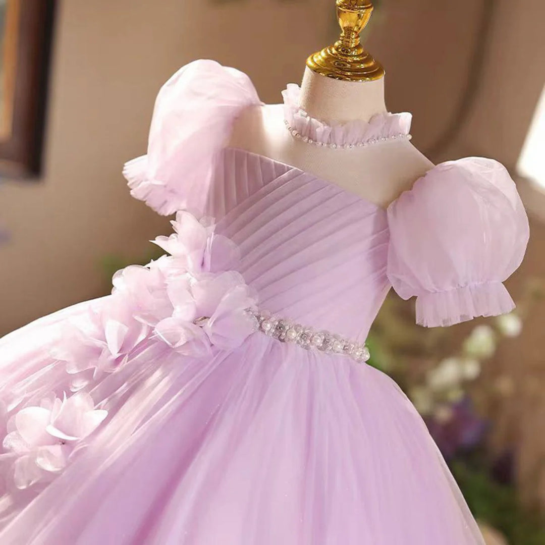 TinyTulle Lilac Floral Appliqué Flower Girl Dress with Puff Sleeves