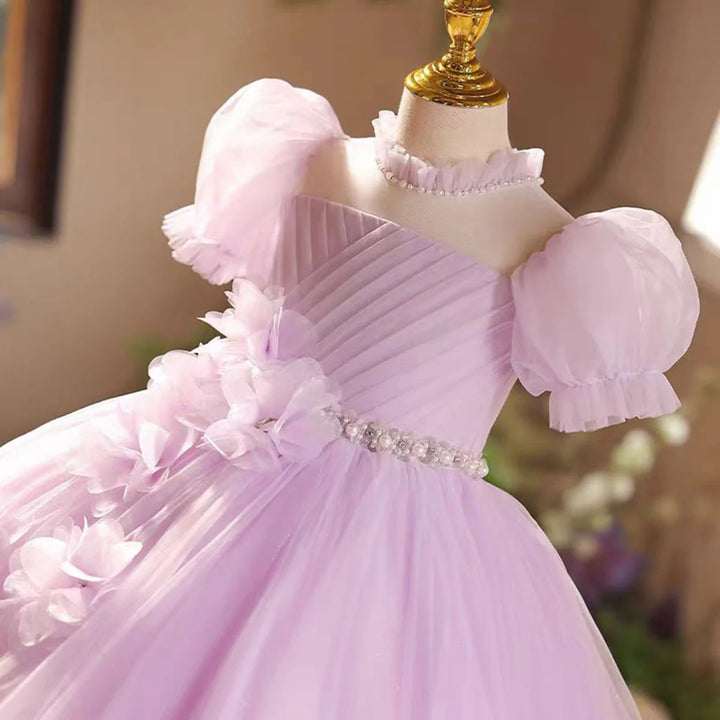 TinyTulle Lilac Floral Appliqué Flower Girl Dress with Puff Sleeves