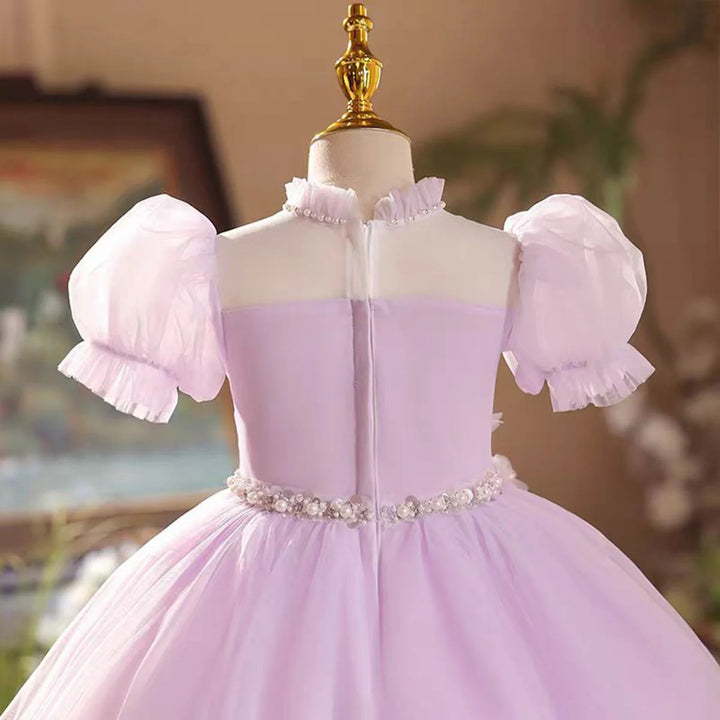 TinyTulle Lilac Floral Appliqué Flower Girl Dress with Puff Sleeves