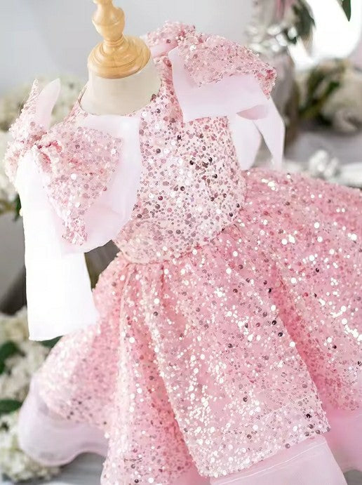 TinyTulle Pink Sequin Tiered Tulle Flower Girl Dress with Statement Shoulder Design