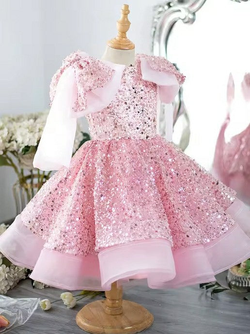 TinyTulle Pink Sequin Tiered Tulle Flower Girl Dress with Statement Shoulder Design