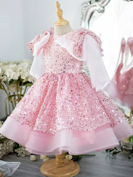 TinyTulle Pink Sequin Tiered Tulle Flower Girl Dress with Statement Shoulder Design