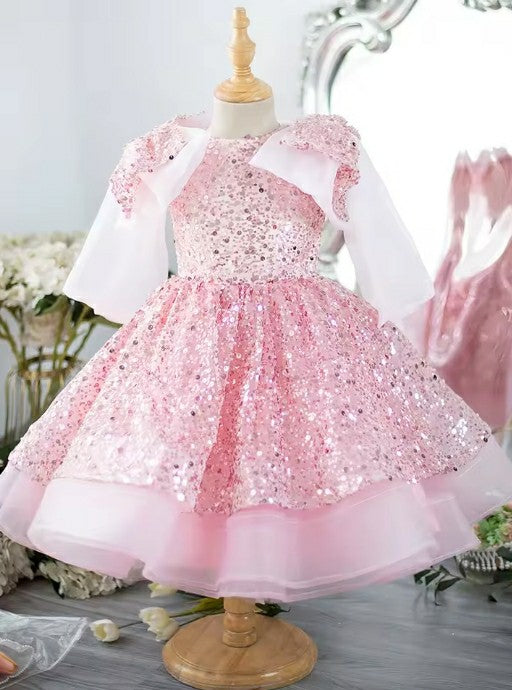 TinyTulle Pink Sequin Tiered Tulle Flower Girl Dress with Statement Shoulder Design