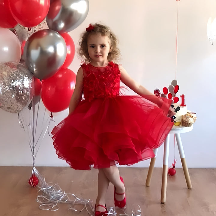 TinyTulle Red Floral Appliqué Layered Tulle Flower Girl Dress with Bow