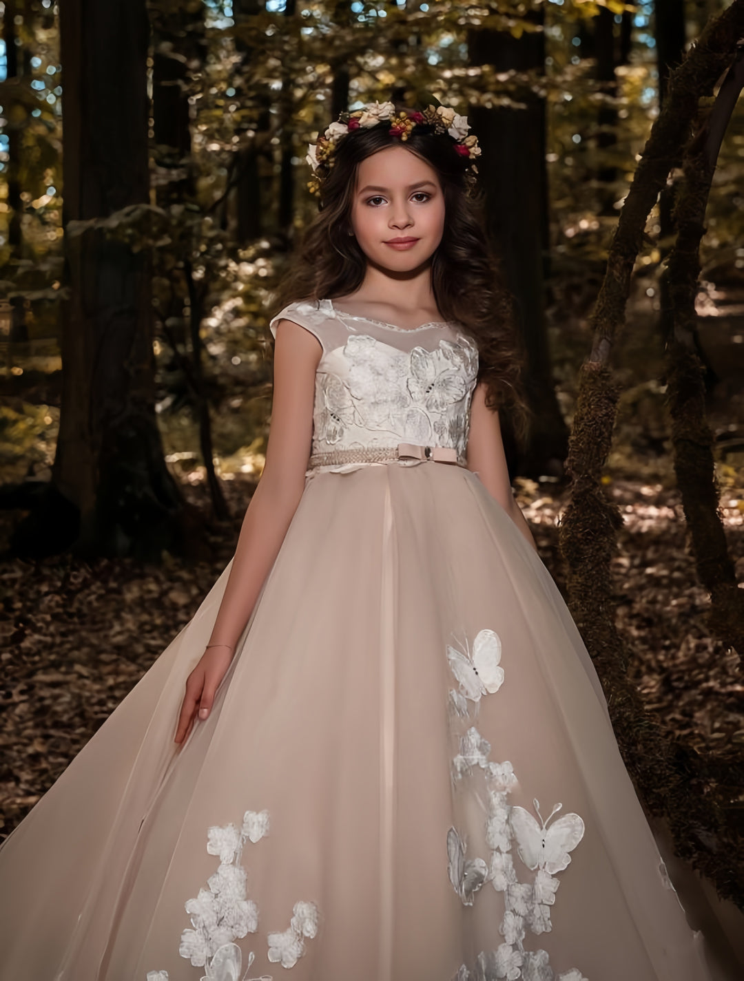 TinyTulle Blush Pink Cap Sleeve Tulle Flower Girl Dress with Butterfly Appliqués