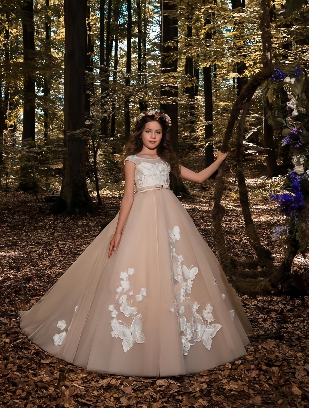 TinyTulle Blush Pink Cap Sleeve Tulle Flower Girl Dress with Butterfly Appliqués