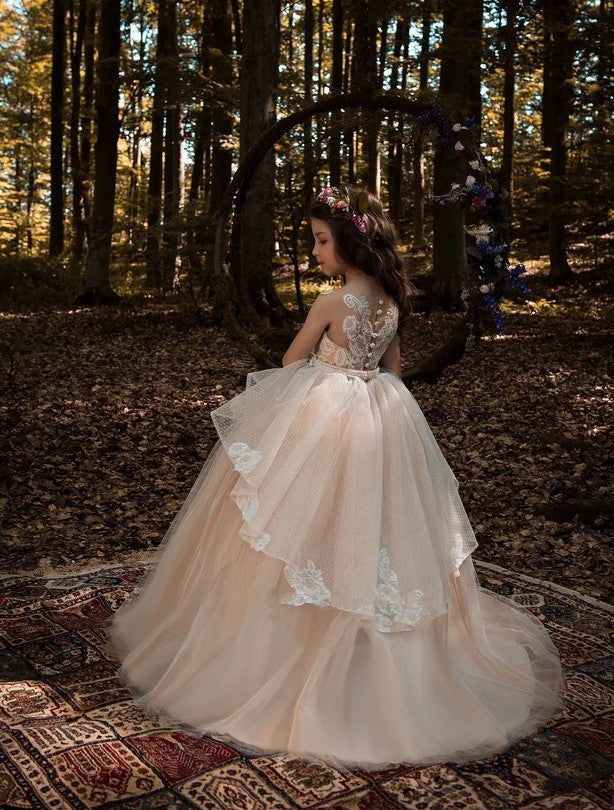 TinyTulle Ethereal Blush Tulle Flower Girl Dress with Lace Overlay