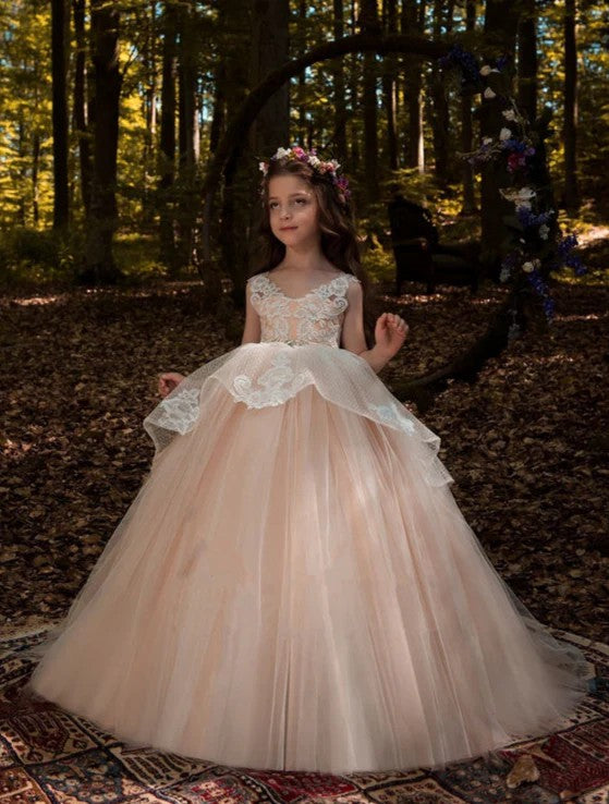 TinyTulle Ethereal Blush Tulle Flower Girl Dress with Lace Overlay