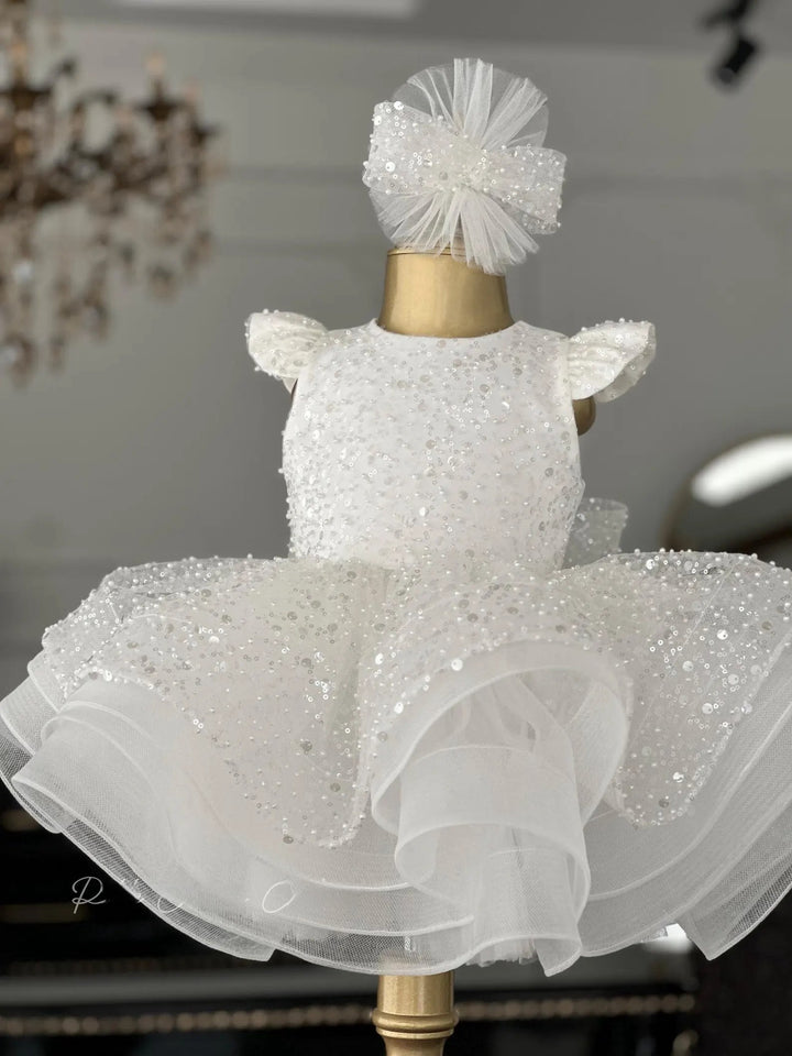TinyTulle White Sequin Ball Gown Flower Girl Dress with Bow