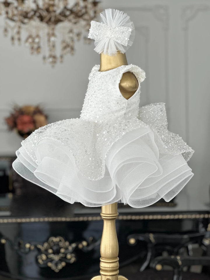 TinyTulle White Sequin Ball Gown Flower Girl Dress with Bow