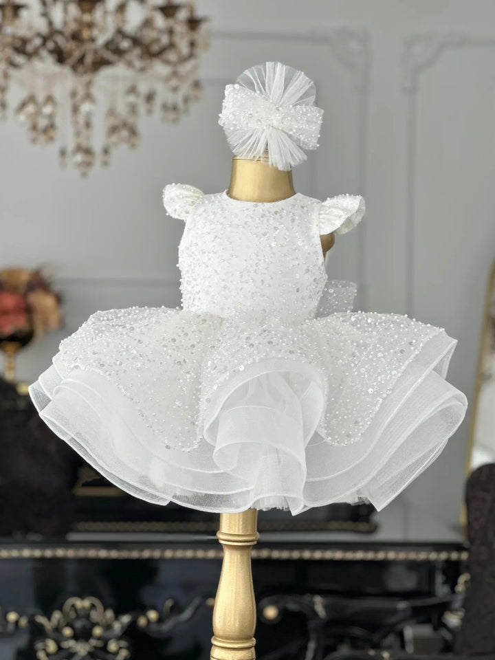 TinyTulle White Sequin Ball Gown Flower Girl Dress with Bow