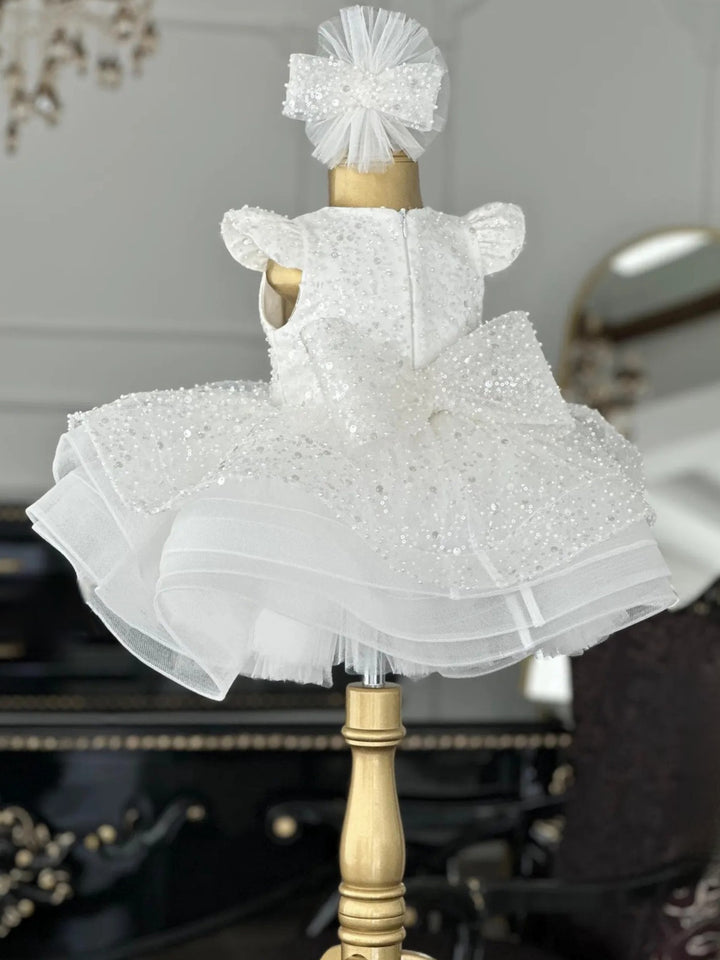 TinyTulle White Sequin Ball Gown Flower Girl Dress with Bow