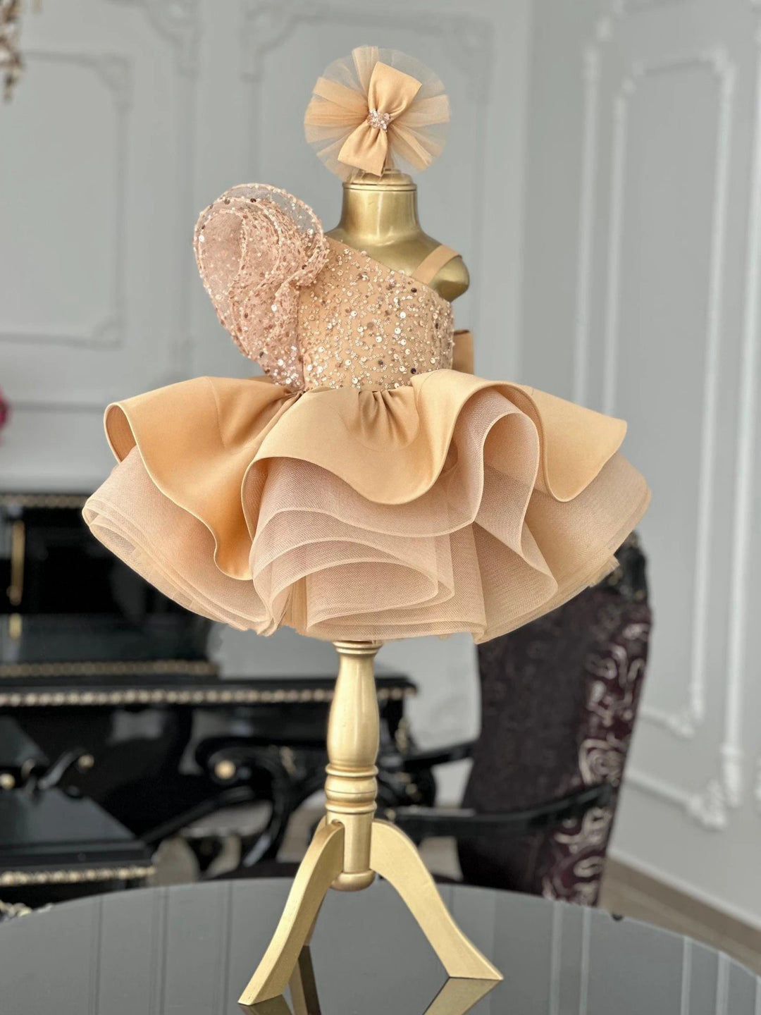 TinyTulle Golden Sparkle Tulle Flower Girl Dress with Dramatic Bow