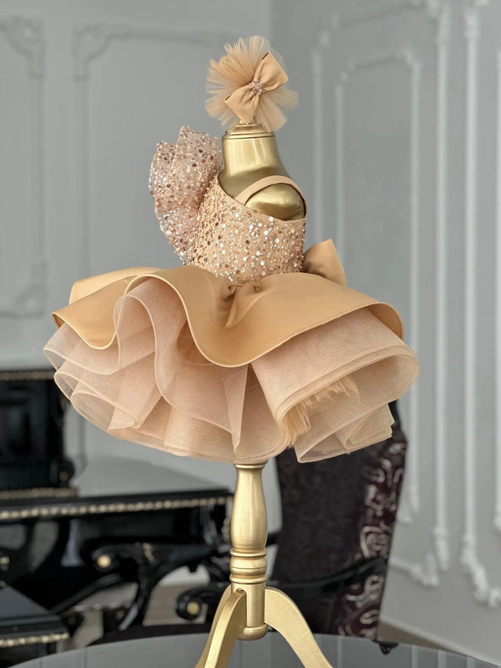 TinyTulle Golden Sparkle Tulle Flower Girl Dress with Dramatic Bow