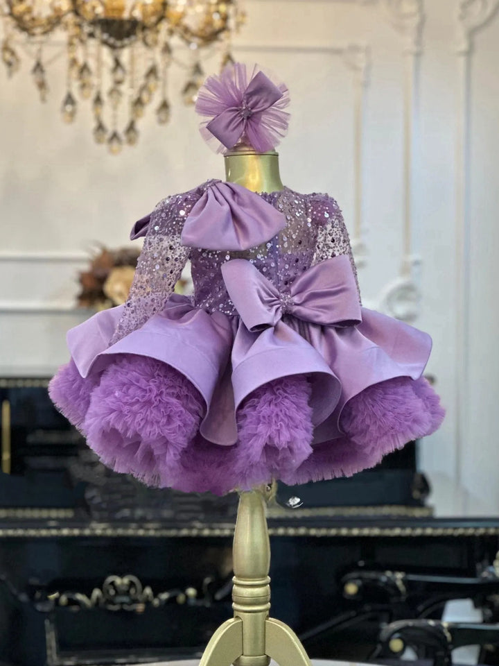 TinyTulle Enchanted Lilac Sequin Princess Dress with Dramatic Bow