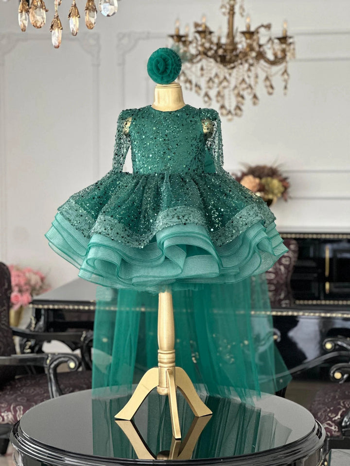 TinyTulle Green Long Sleeve Sequin Ball Gown Flower Girl Dress with Detachable Train