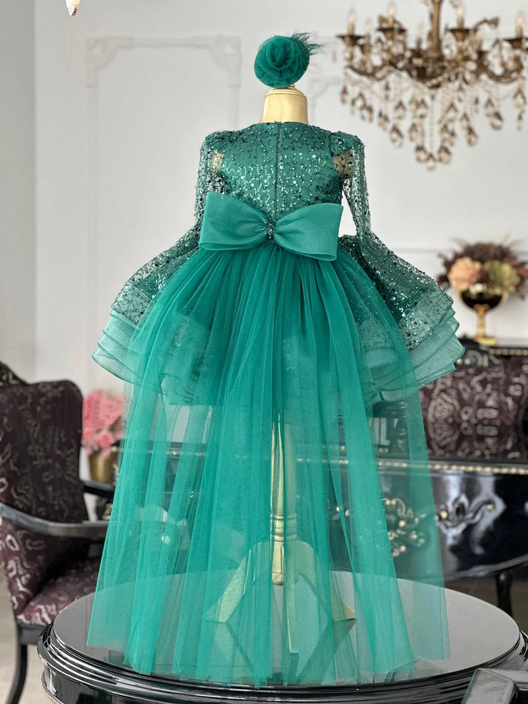 TinyTulle Green Long Sleeve Sequin Ball Gown Flower Girl Dress with Detachable Train