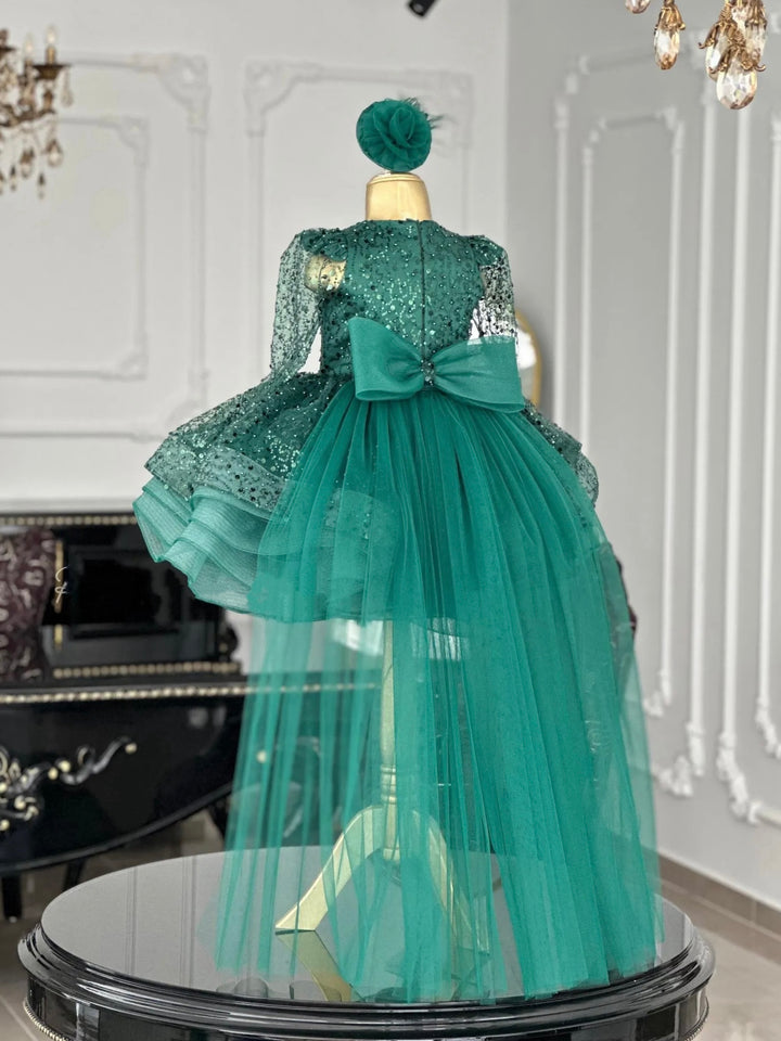 TinyTulle Green Long Sleeve Sequin Ball Gown Flower Girl Dress with Detachable Train