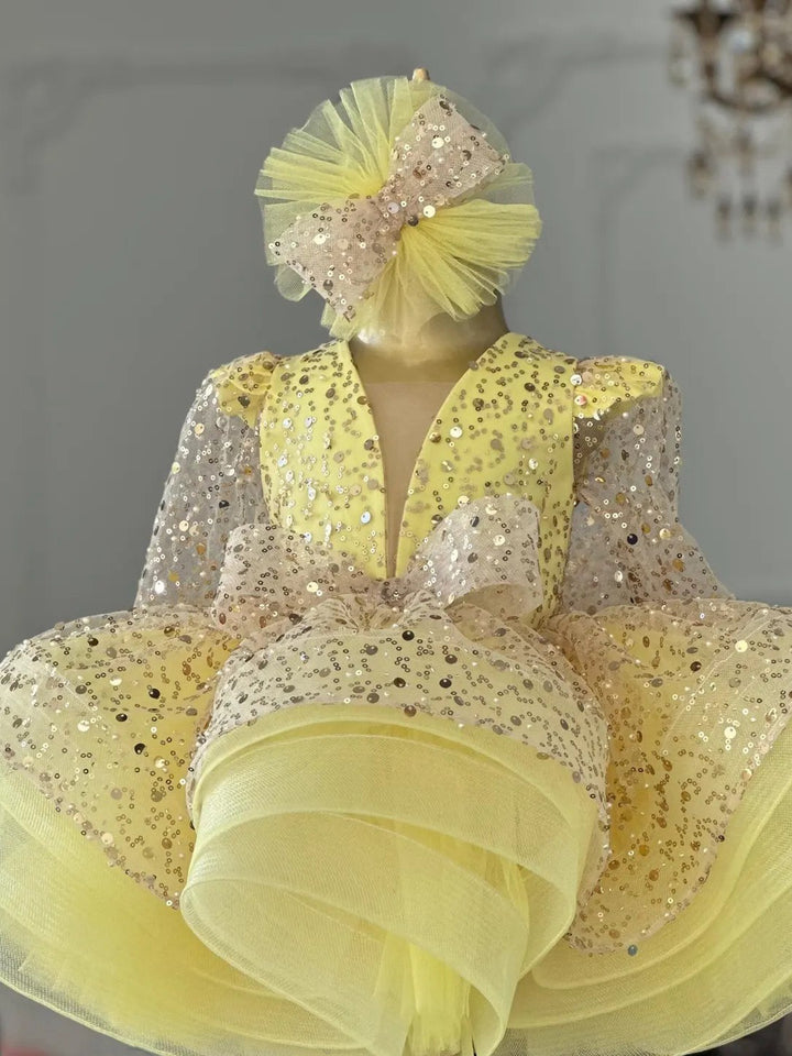 TinyTulle Yellow Sequin &amp; Tulle Ball Gown Flower Girl Dress with Bow and Detachable Train