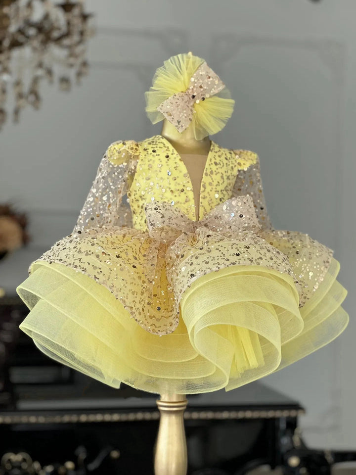 TinyTulle Yellow Sequin &amp; Tulle Ball Gown Flower Girl Dress with Bow and Detachable Train