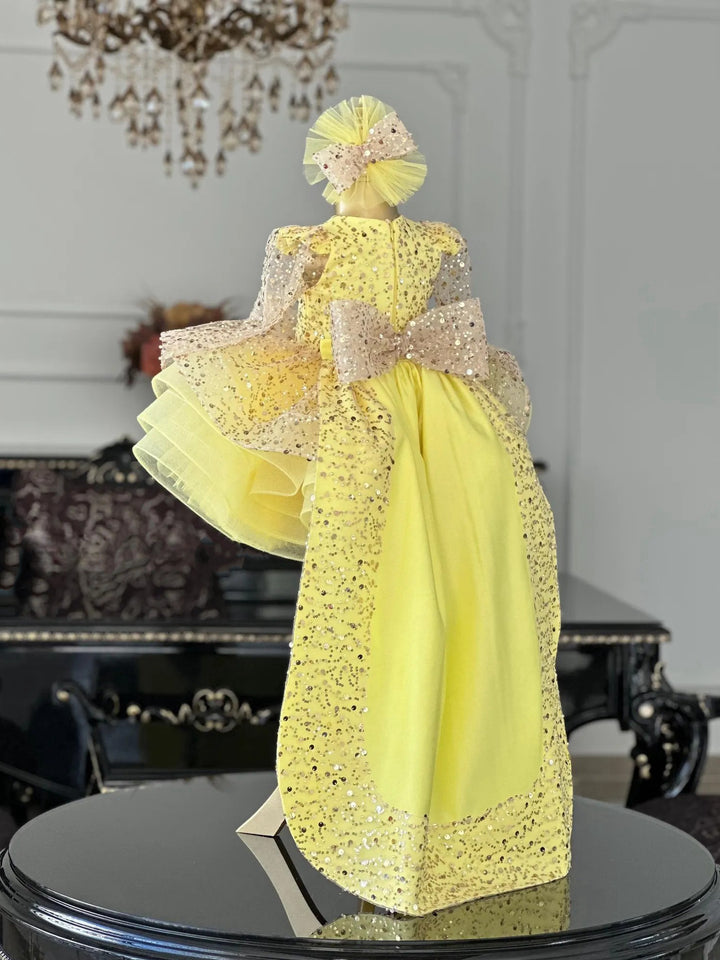 TinyTulle Yellow Sequin &amp; Tulle Ball Gown Flower Girl Dress with Bow and Detachable Train