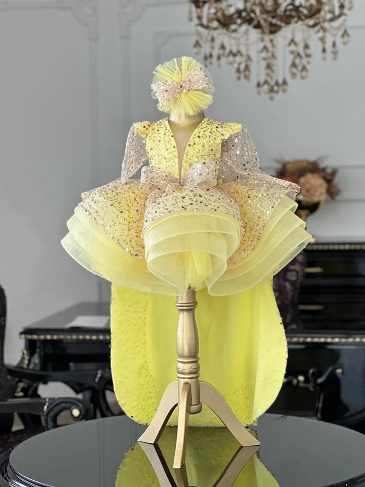 TinyTulle Yellow Sequin &amp; Tulle Ball Gown Flower Girl Dress with Bow and Detachable Train