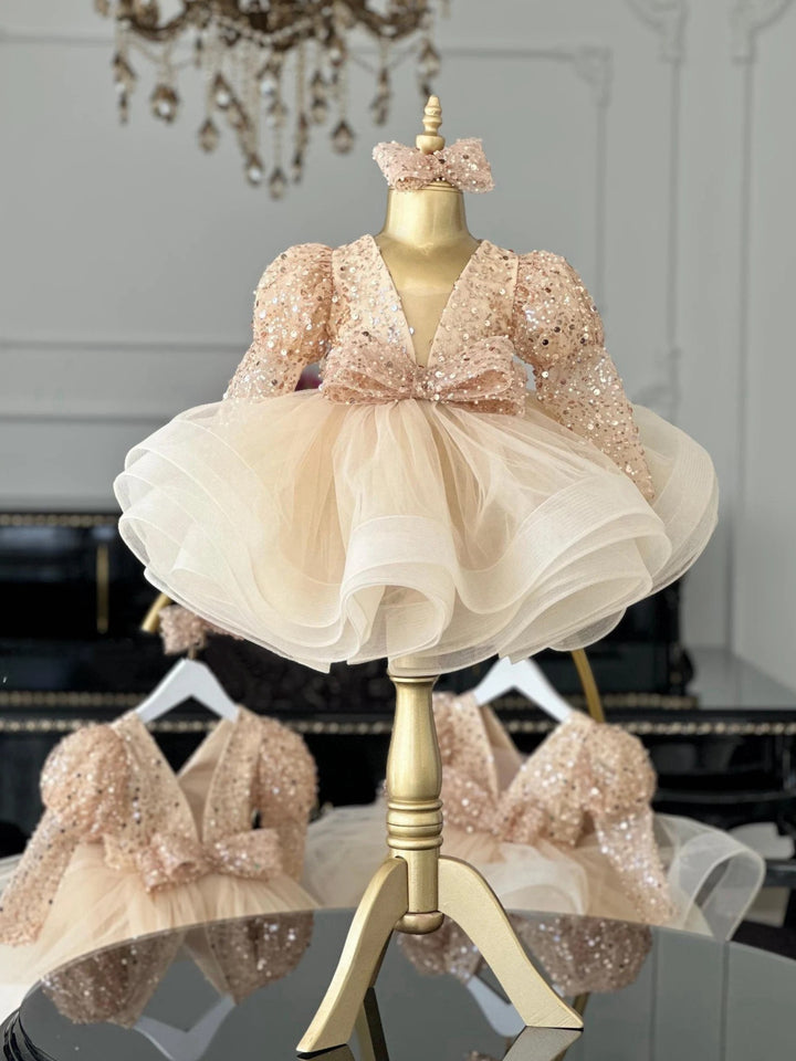 TinyTulle Champagne Sequin Layered Tulle Flower Girl Dress with Bow