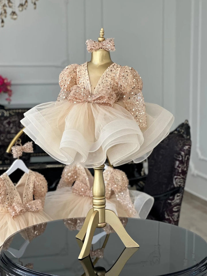 TinyTulle Champagne Sequin Layered Tulle Flower Girl Dress with Bow