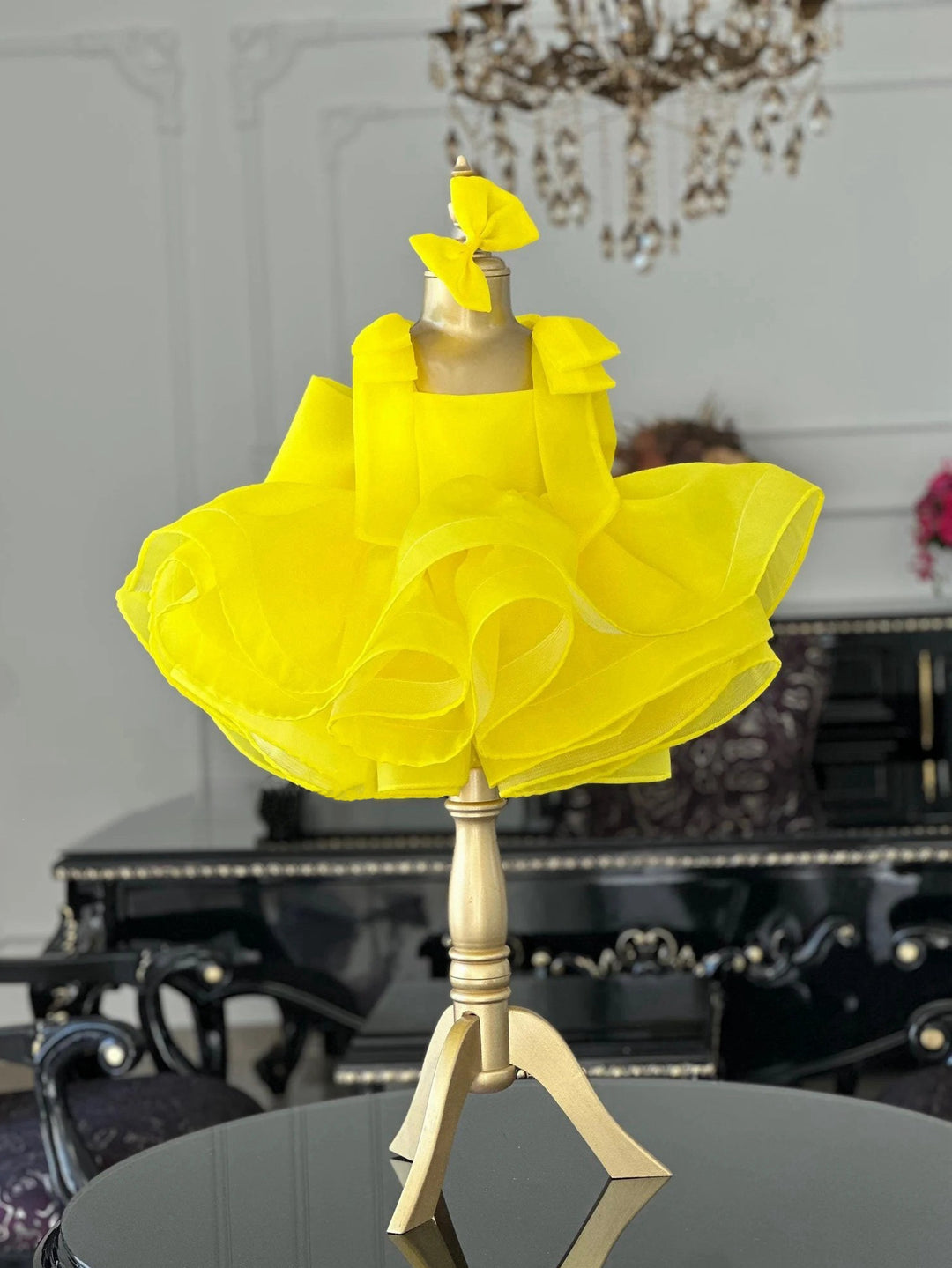 TinyTulle Sunshine Yellow Layered Organza Ball Gown Flower Girl Dress with Statement Bows