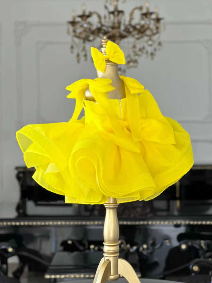 TinyTulle Sunshine Yellow Layered Organza Ball Gown Flower Girl Dress with Statement Bows