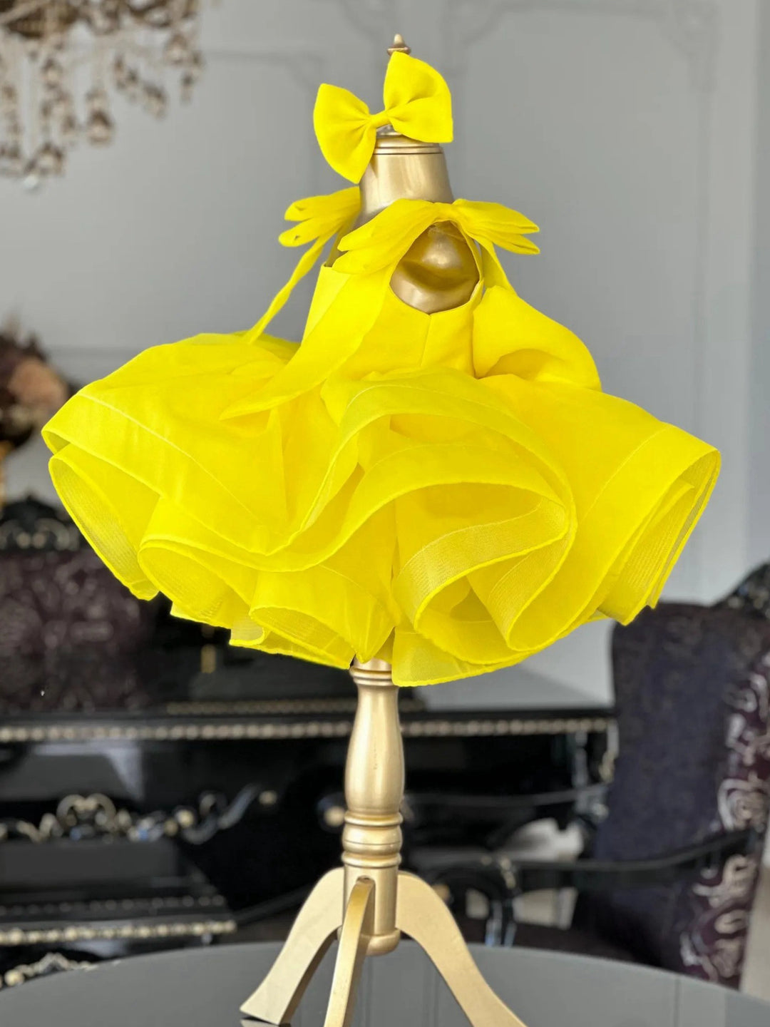 TinyTulle Sunshine Yellow Layered Organza Ball Gown Flower Girl Dress with Statement Bows