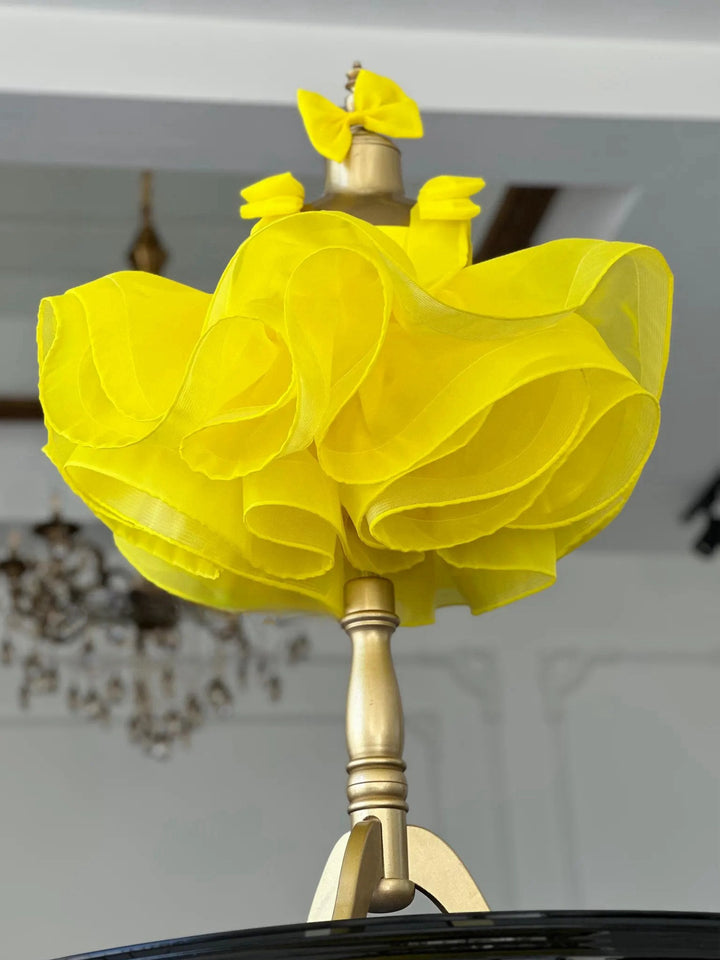 TinyTulle Sunshine Yellow Layered Organza Ball Gown Flower Girl Dress with Statement Bows