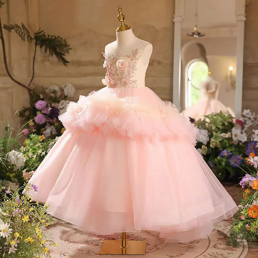 TinyTulle Blush Pink Floral Appliqué Ruffle Tulle Flower Girl Dress