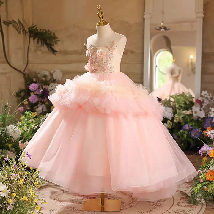 TinyTulle Blush Pink Floral Appliqué Ruffle Tulle Flower Girl Dress