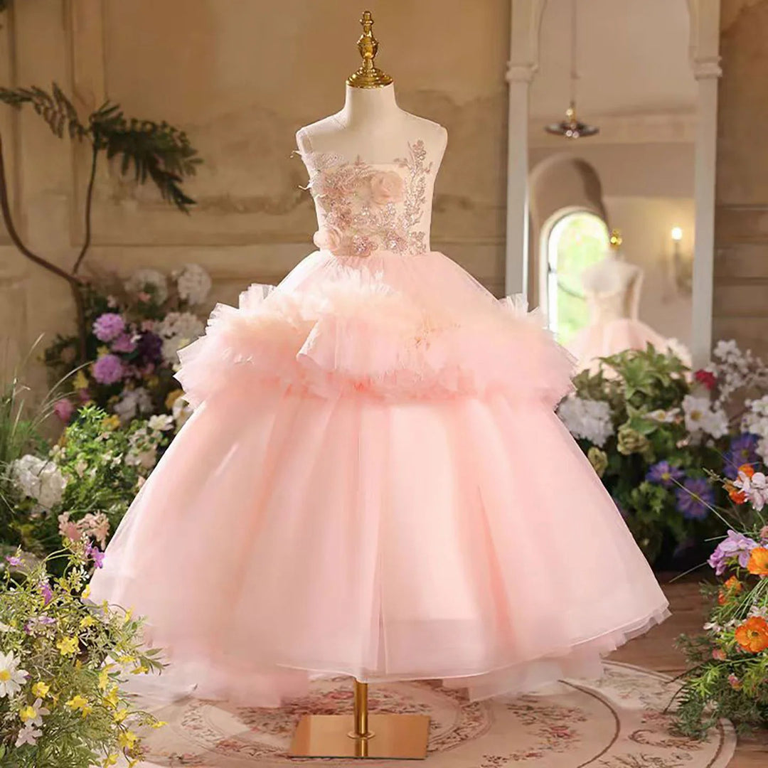 TinyTulle Blush Pink Floral Appliqué Ruffle Tulle Flower Girl Dress