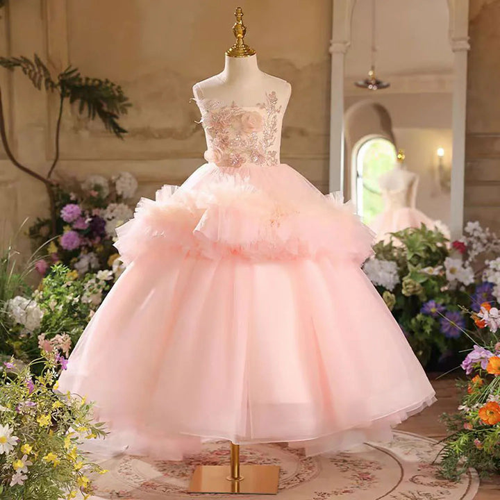 TinyTulle Blush Pink Floral Appliqué Ruffle Tulle Flower Girl Dress