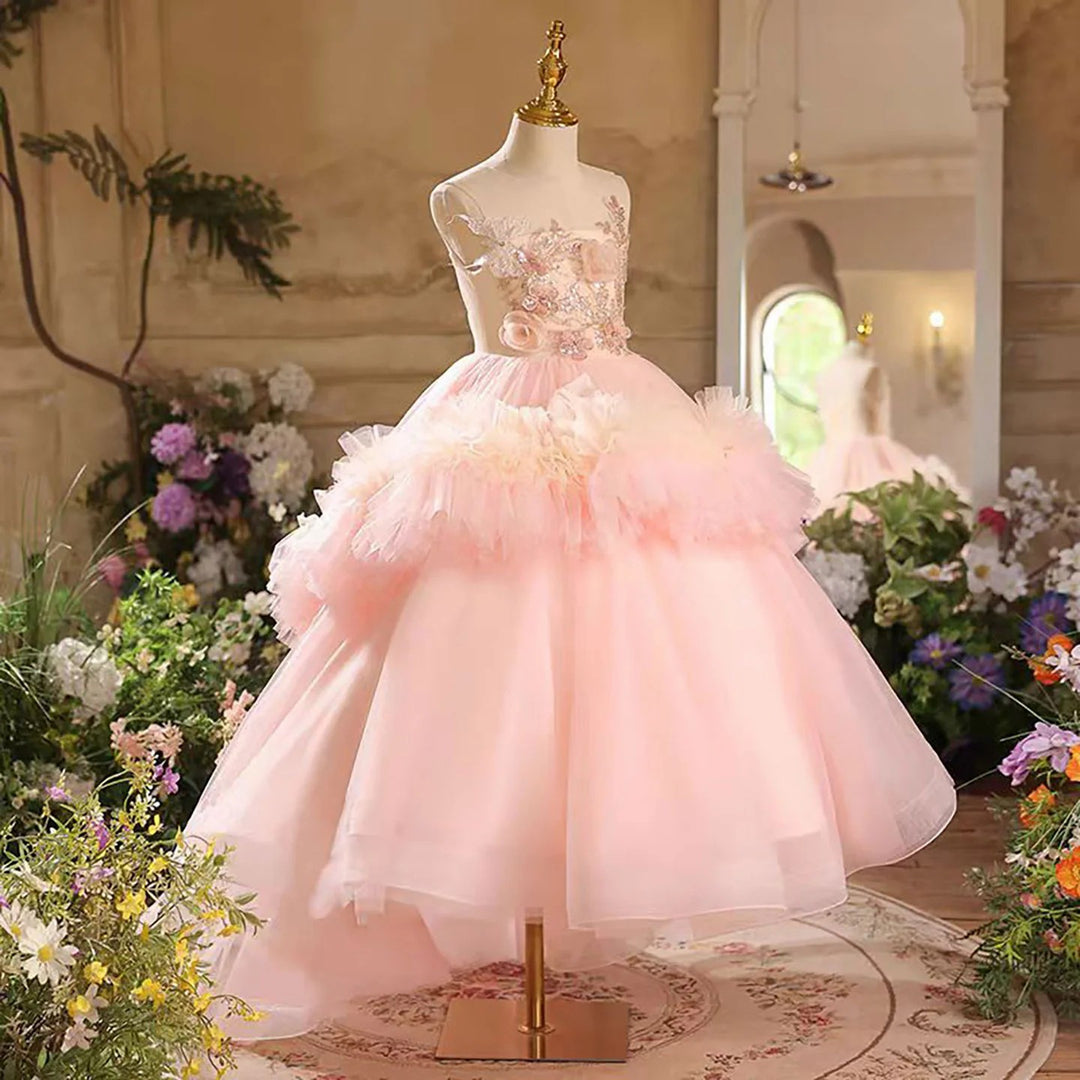 TinyTulle Blush Pink Floral Appliqué Ruffle Tulle Flower Girl Dress