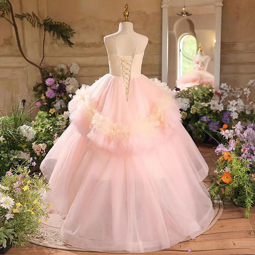 TinyTulle Blush Pink Floral Appliqué Ruffle Tulle Flower Girl Dress