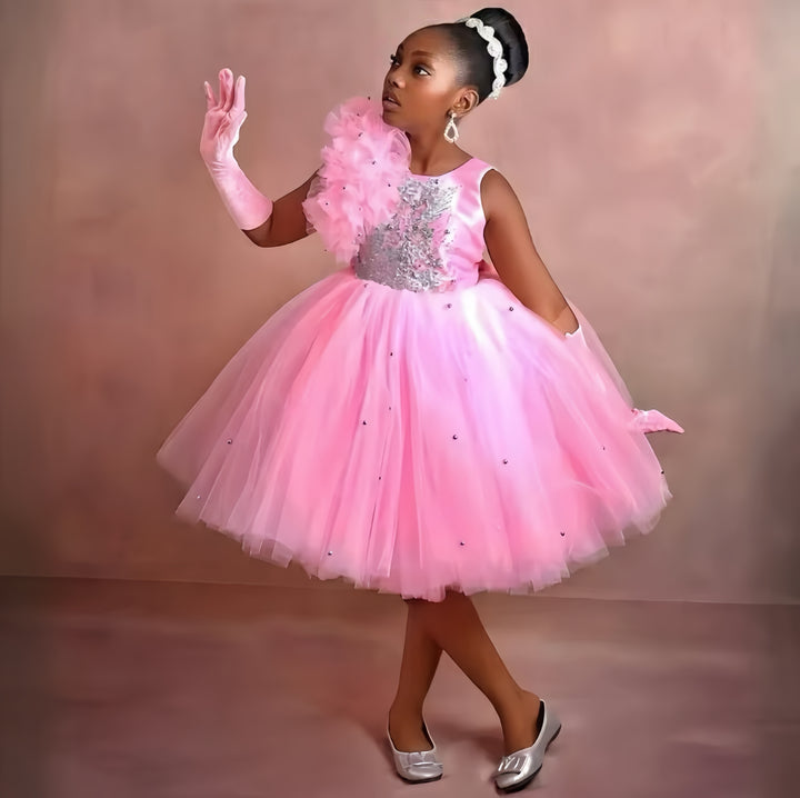 TinyTulle Blush Pink Sparkle Tulle Flower Girl Dress with Floral Ruffle Detail