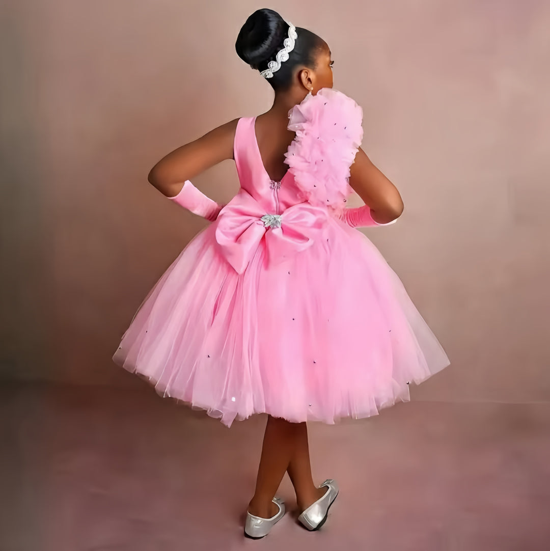 TinyTulle Blush Pink Sparkle Tulle Flower Girl Dress with Floral Ruffle Detail